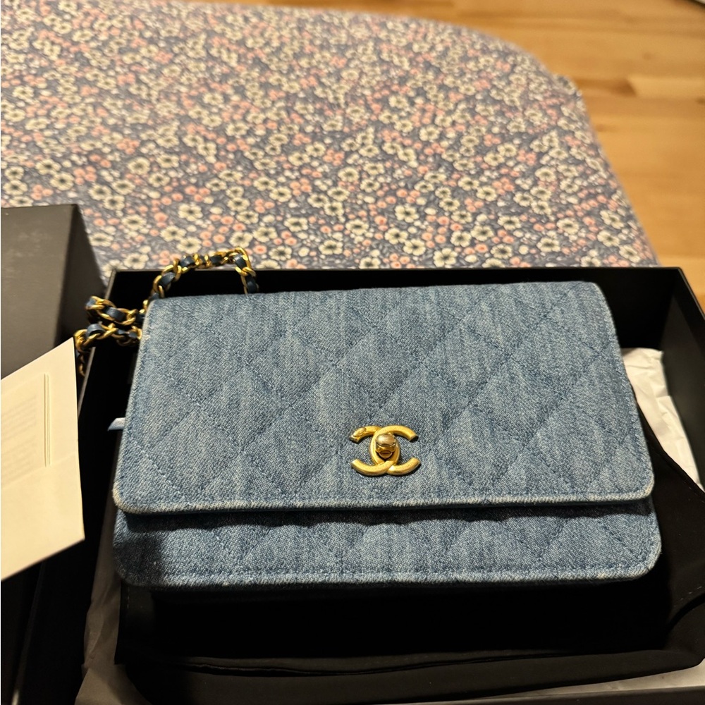 Chanel Blue Quilted Denim WOC pearl crush